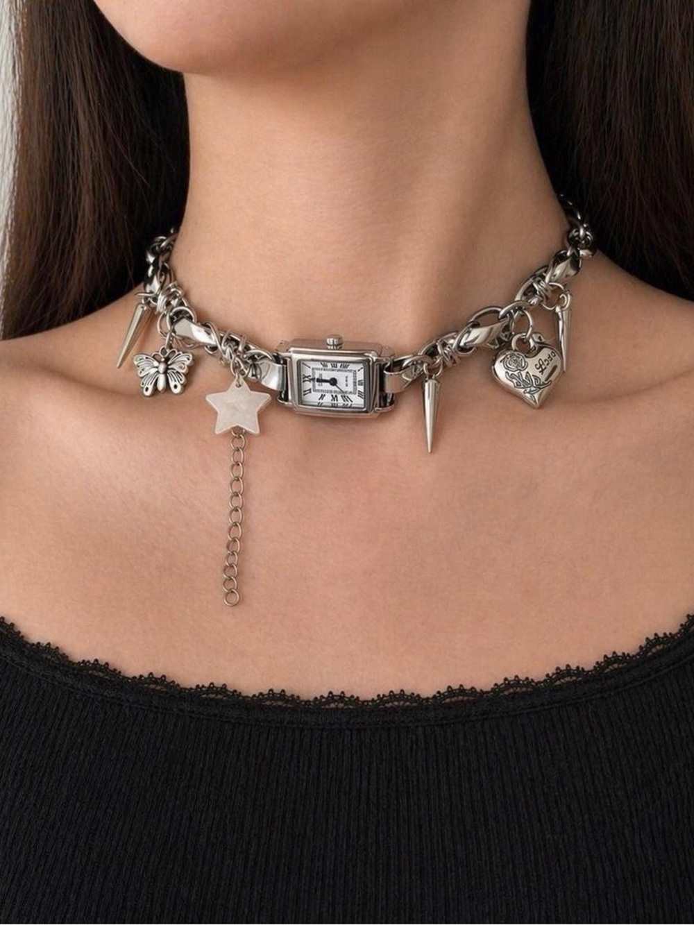 Y2K Silver Watch Clock Choker Metal butterfly star heart whimsical Necklace
